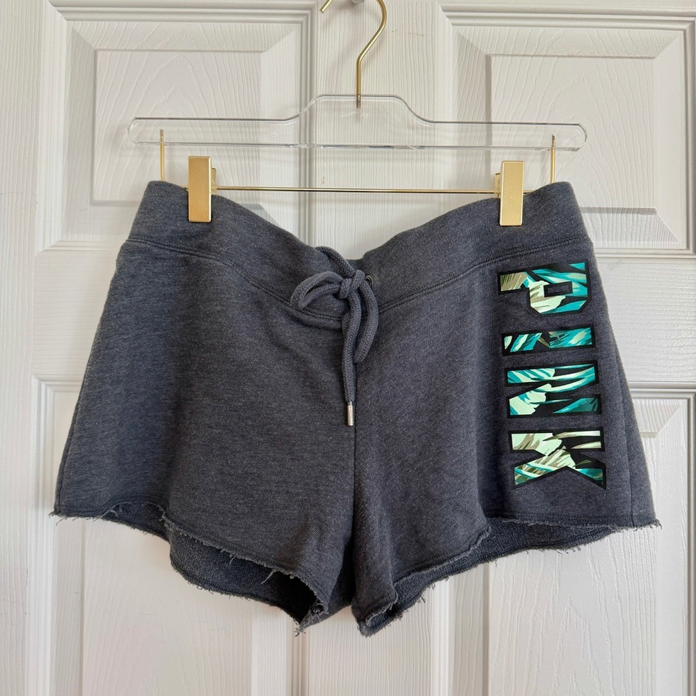 🌴 VS Pink Grey Drawstring Fleece Terry Shorts with Green Palm Print Logo Graphic